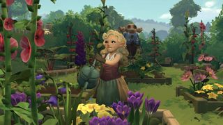 A Hobbit watering her plants and vegetables in Tales of the Shire