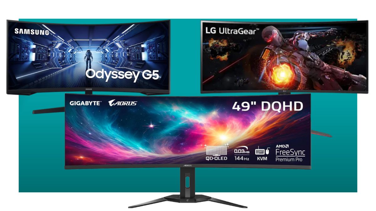 The Samsung Odyssey G5, Gigabyte Aorus CO49DQ and LG Ultragear 34GP63A-B on a green blue background for Amazon Prime Day deals