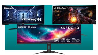 The Samsung Odyssey G5, Gigabyte Aorus CO49DQ and LG Ultragear 34GP63A-B on a green blue background for Amazon Prime Day deals