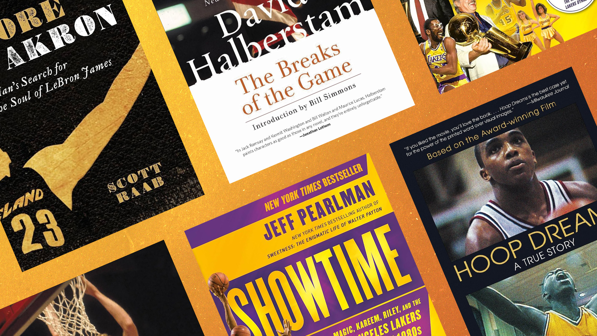 Book covers of &lsquo;The Breaks of the Game&rsquo; by David Halberstam, &lsquo;The Whore of Akron&rsquo; by Scott Raab, &lsquo;Hoop Dreams&rsquo; by Ben Joravsky, and &lsquo;Showtime&rsquo; by Jeff Pearlman