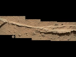 This mosaic of four images taken by the Curiosity rover's Mars Hand Lens Imager camera on Sept. 21, 2013 shows detailed texture in a ridge of rock at a location called "Darwin" inside Gale Crater.