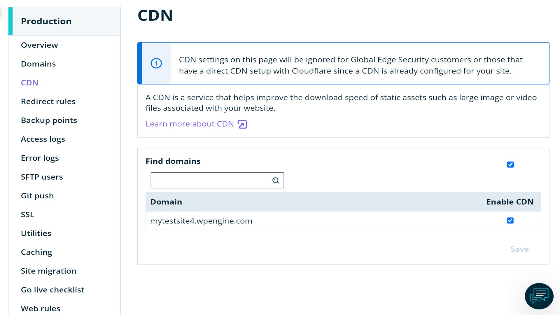 WP Engine's CDN settings menu