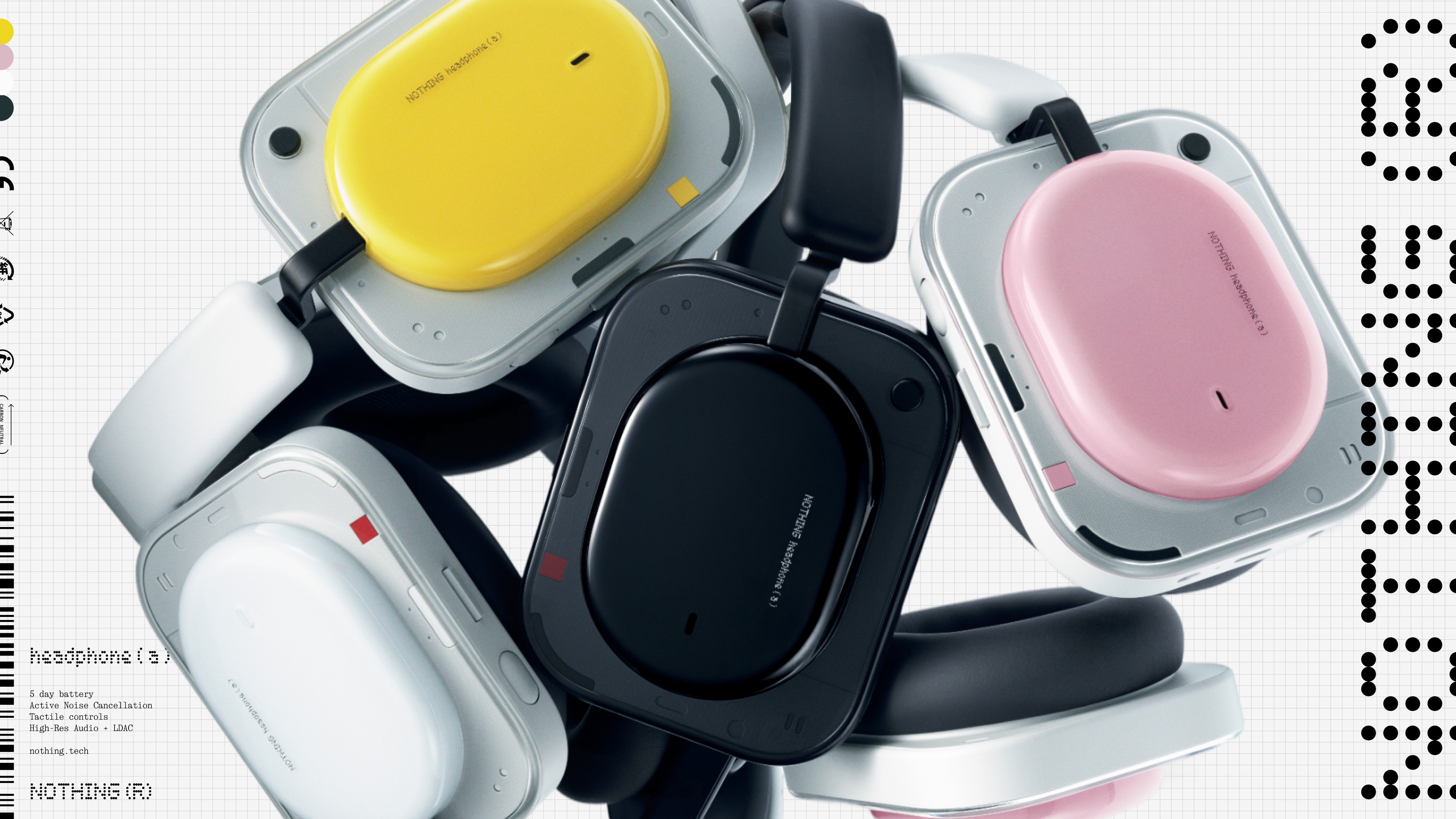 all colors of the Nothing Headphone (a) in Pink, Yellow, White, and Black