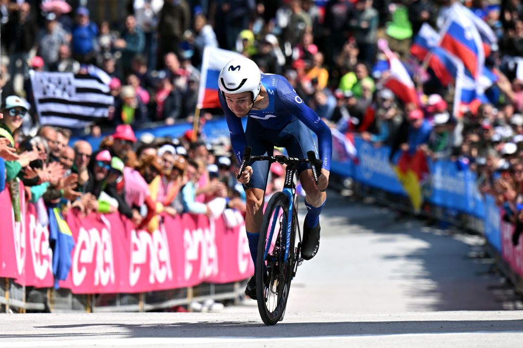 MONTE LUSSARI ITALY MAY 27 Will Barta of The United States and Movistar Team crosses the finish line during the 106th Giro dItalia 2023 Stage 20 a 186km individual climbing time trial stage from Tarvisio 750m to Monte Lussari 1744m UCIWT on May 27 2023 in Monte Lussari Italy Photo by Stuart FranklinGetty Images