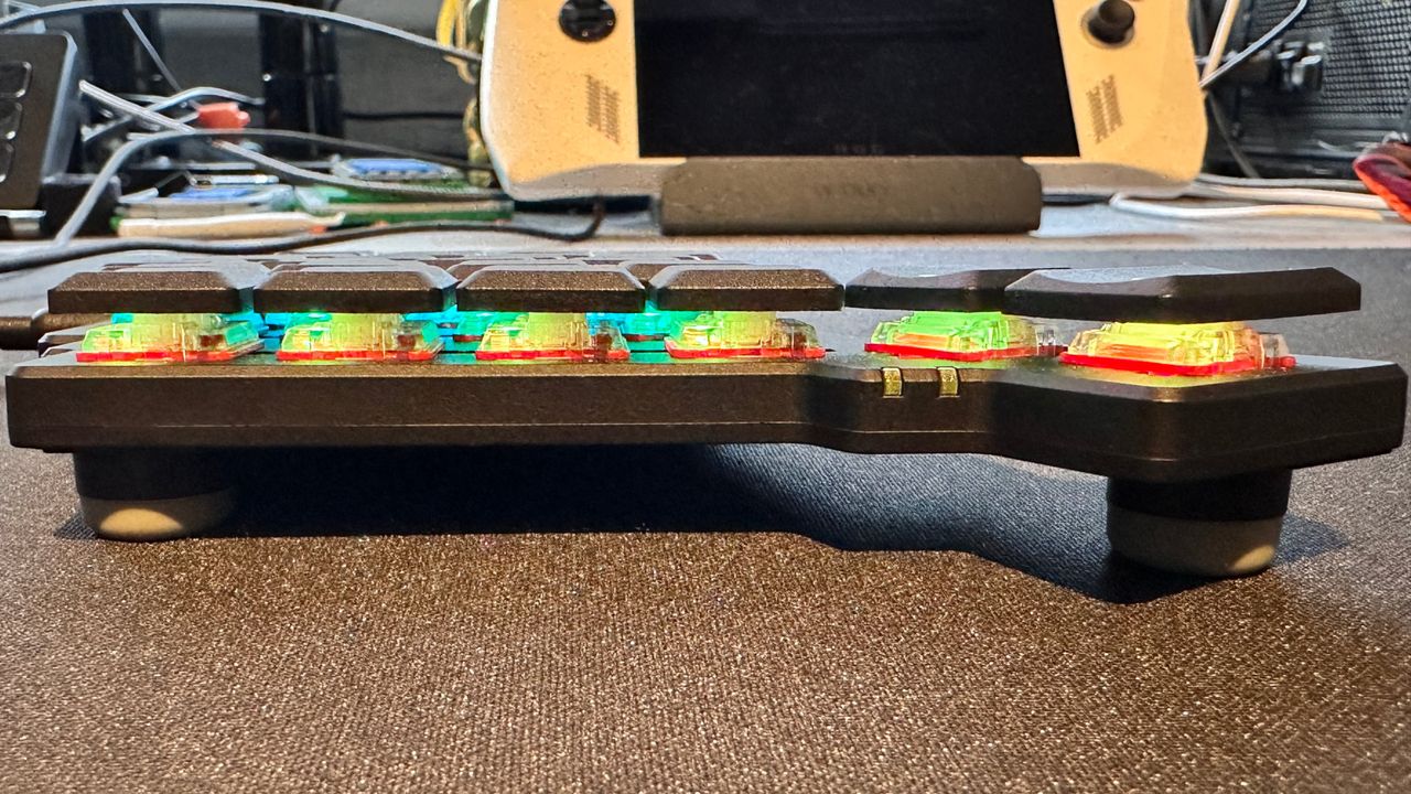 A side-view photo of the ZSA Voyager ergonomic keyboard