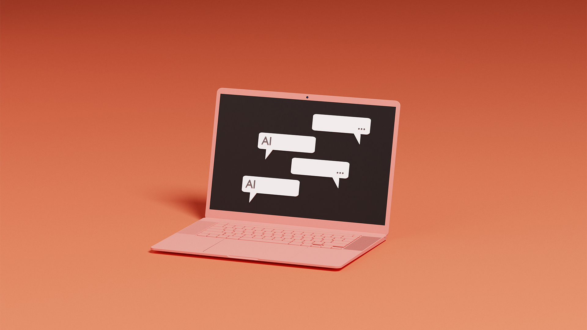 AI chatbot concept image showing speech bubbles on a laptop screen with AI responses and human questions.