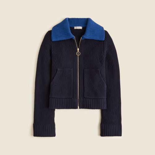 Colorblock Collared Full-Zip Sweater in Wool