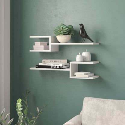 room with white wooden shelves on blue wall and plant in white pot