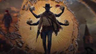 Guns of Eschaton hero with six arms holding skulls and revolvers