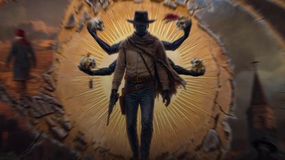 Guns of Eschaton hero with six arms holding skulls and revolvers