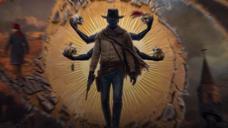Guns of Eschaton hero with six arms holding skulls and revolvers