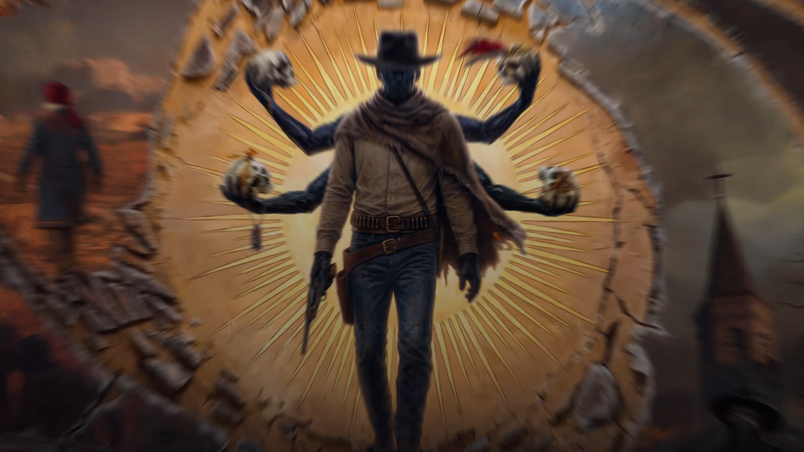 Guns of Eschaton hero with six arms holding skulls and revolvers