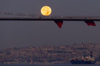 cars drive along the suspension bridge as the full moon shines above.