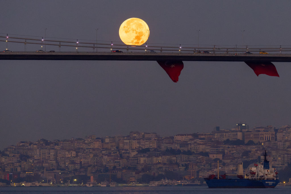 cars drive along the suspension bridge as the full moon shines above.