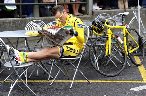 Race leader Thomas Voeckler has a little private time at the start in Limoux