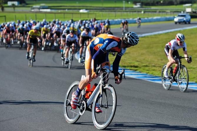 Huon-Genesys rider Pat Shaw patrols the front of the bunch