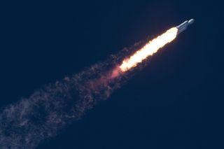 The Falcon Heavy in flight on Feb. 6, 2018.