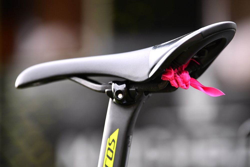 Stage 1 winner Jolien D'hoore's bike, pink ribbon for breast cancer campain, OVO Enery Women's Tour stage 1 start
