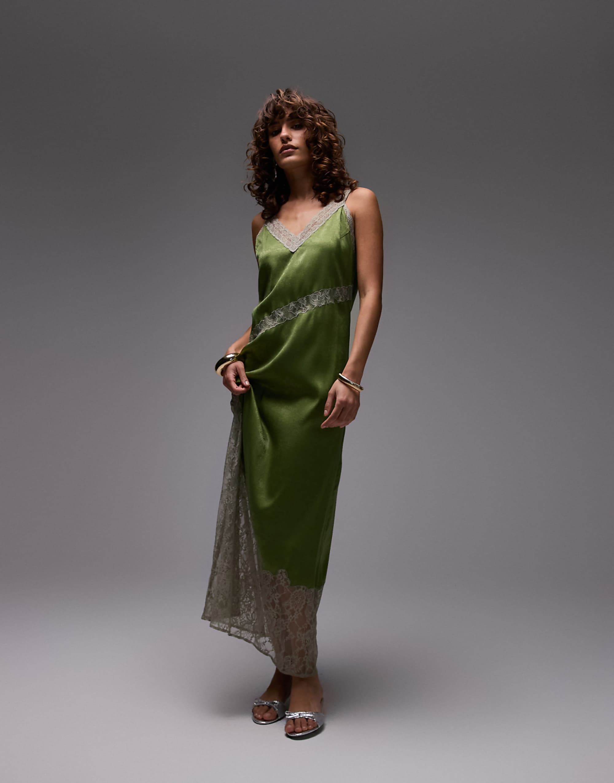 Topshop Cutwork Lace Insert Midi Dress in Green