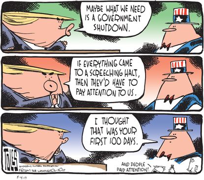 Political Cartoon U.S. President Trump government shutdown first 100 days