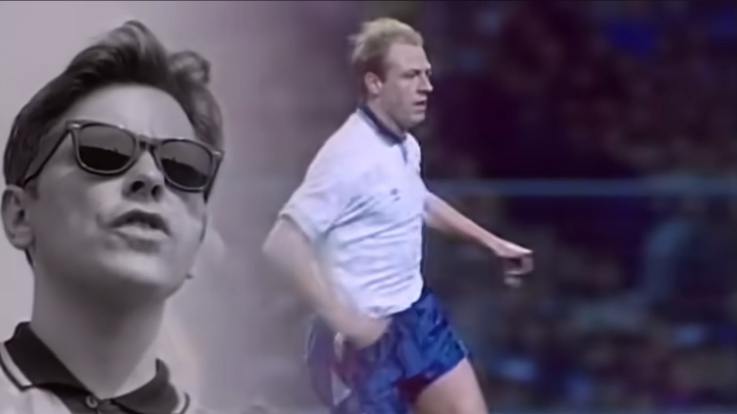 A screengrab from the music video to New Order's song World In Motion.
