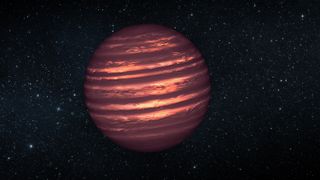 a dark red/orange-hued planet hangs in starry space. it is striped with bright strips of flowing gas.