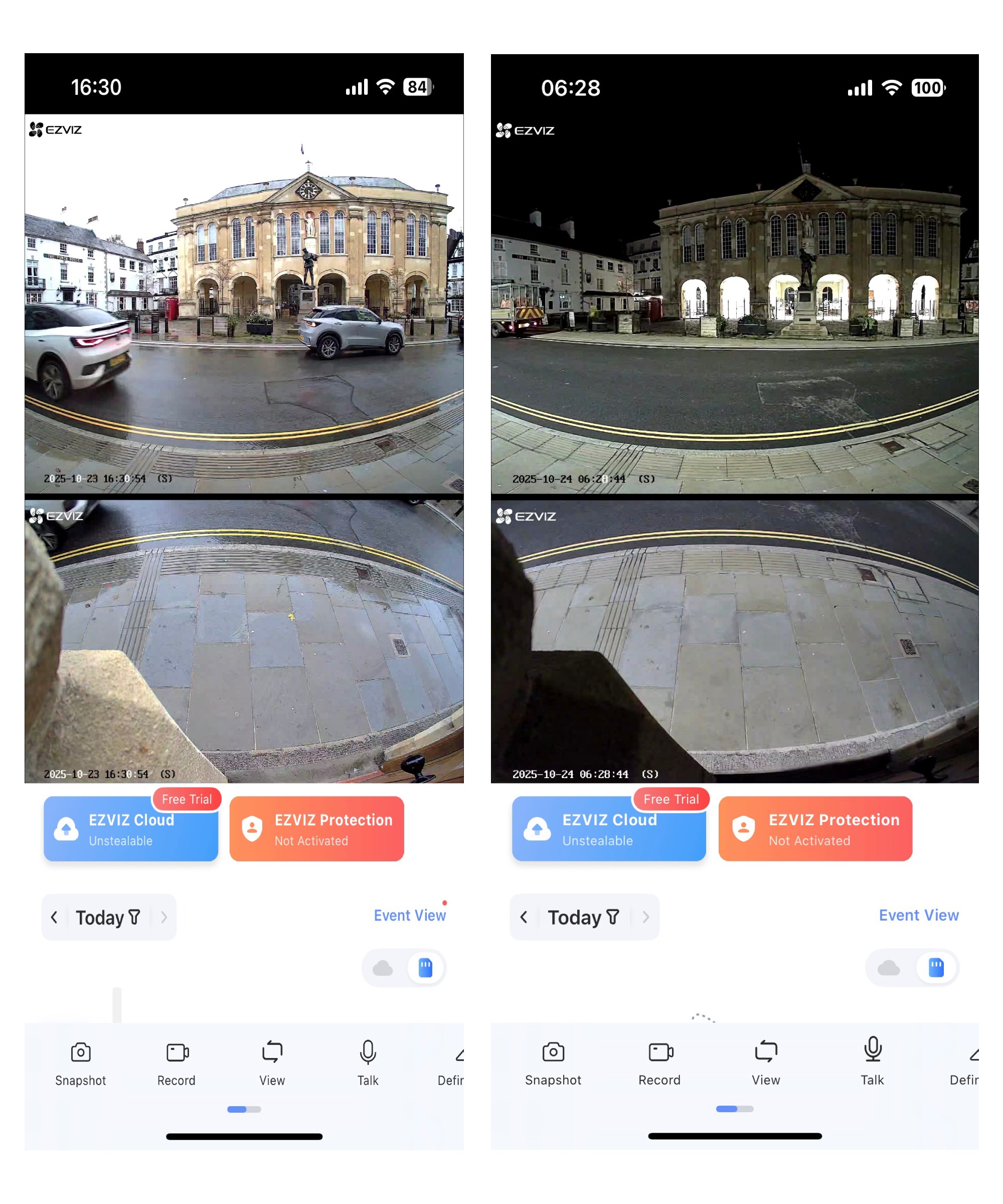 Ezviz app screenshots showing live view day and night