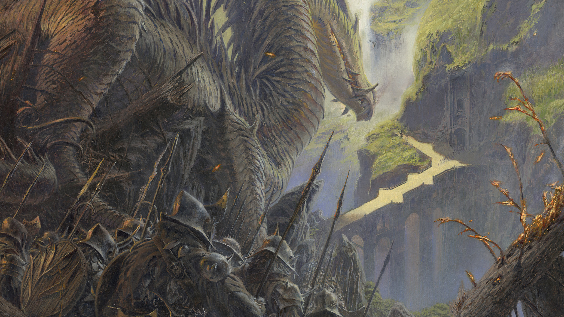 A dragon-like creature and a horde of orcs march toward a bastion with a long bridge