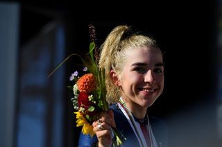 Silver medalist in the junior women's road race Kaia Schmid of United States at the 2021 Road World Championships in Flanders