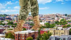 Illustration of an oversized soldier walking through downtown DC