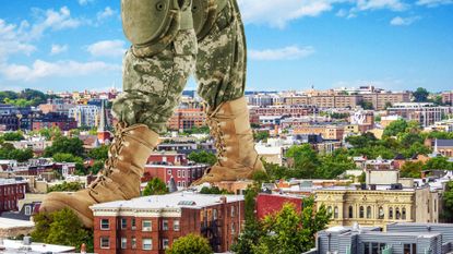 Illustration of an oversized soldier walking through downtown DC