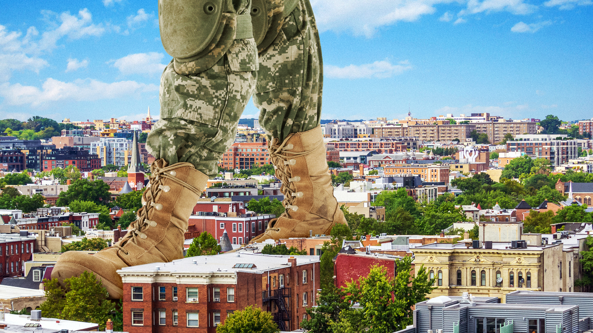 Illustration of an oversized soldier walking through downtown DC