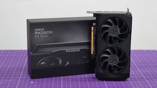 An AMD Radeon RX 7600 on a desk