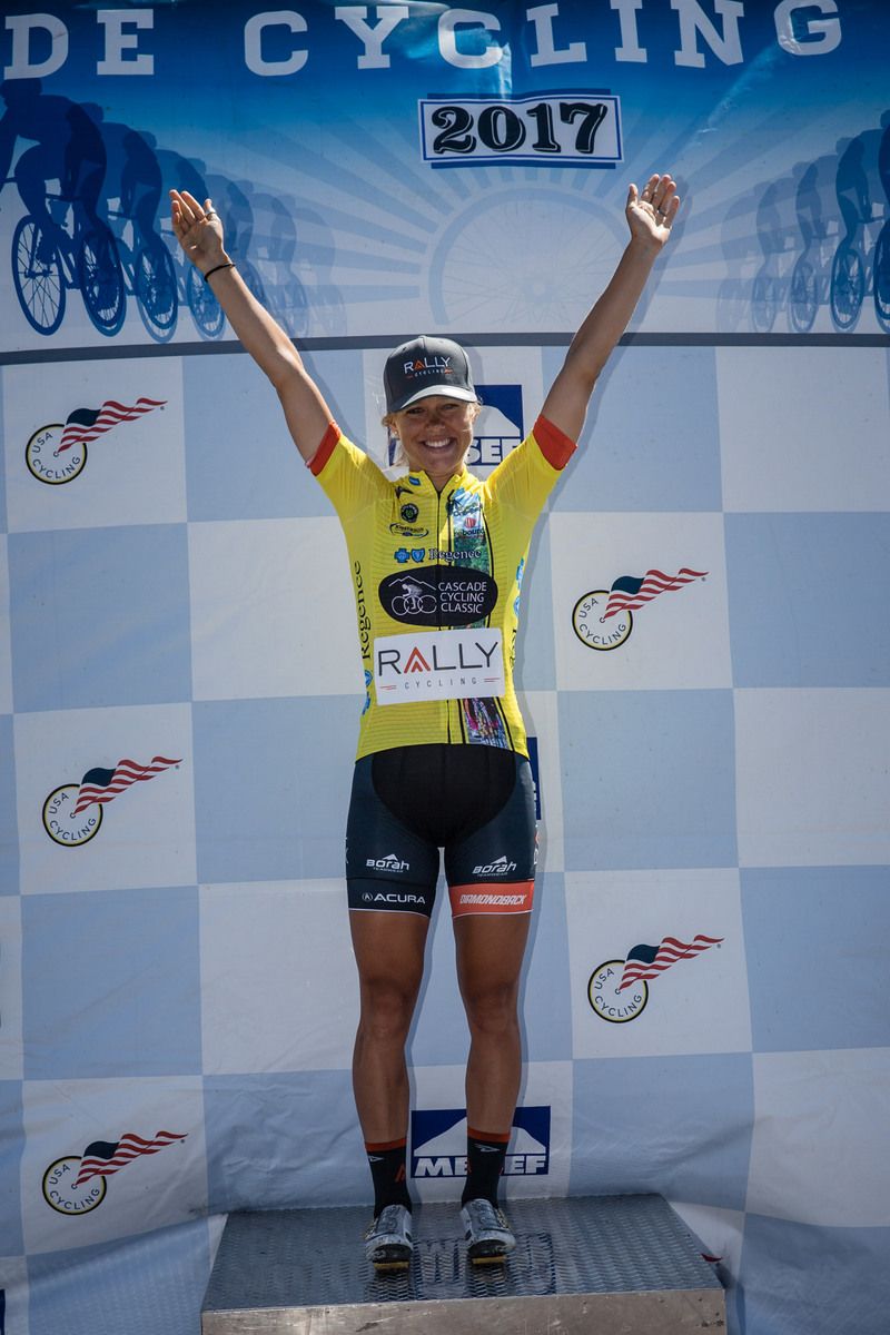 Kirsti Lay (Rally) with the leaders jersey after stage 1