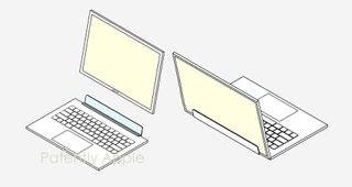 An amended illustration of an Apple patent, showing a tablet being inserted into a keyboard accessory two ways