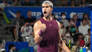Carlos Alcaraz of Spain celebrates winning against Zizou Bergs of Belgium during the Singles Round of 16 on day four of Kinoshita Group Japan Open at Ariake Colosseum on September 27, 2025 in Tokyo, Japan. 