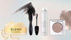 Elemis cleansing balm, Lancome mascara, Drybar dry shampoo and Urban Decay eyeshadow on a pastel background
