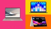 Three of the best budget graphic design laptops configured in three differently coloured rectangles. 