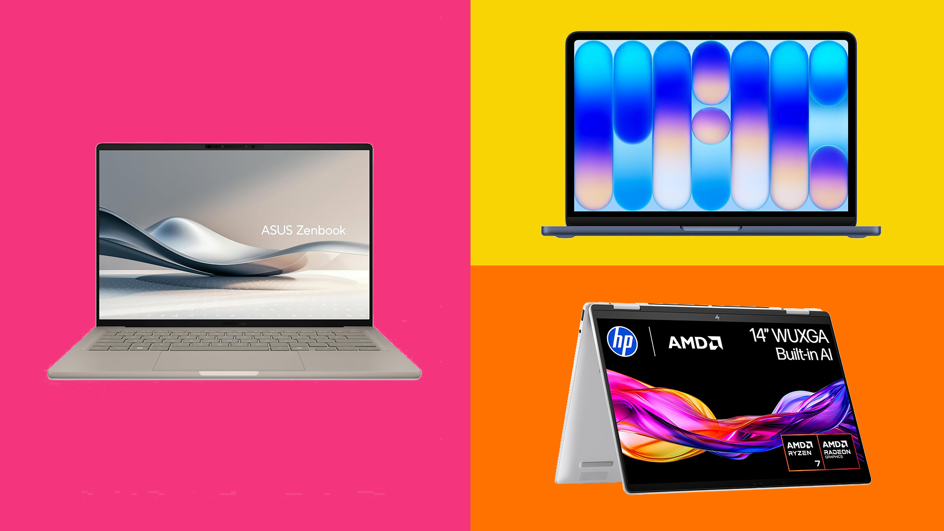 Three of the best budget graphic design laptops configured in three differently coloured rectangles. 