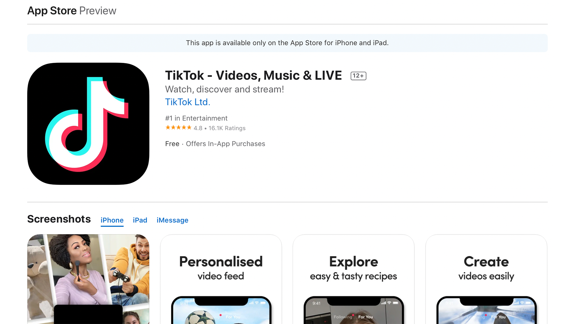 TikTok page on the Apple App Store in a web browser