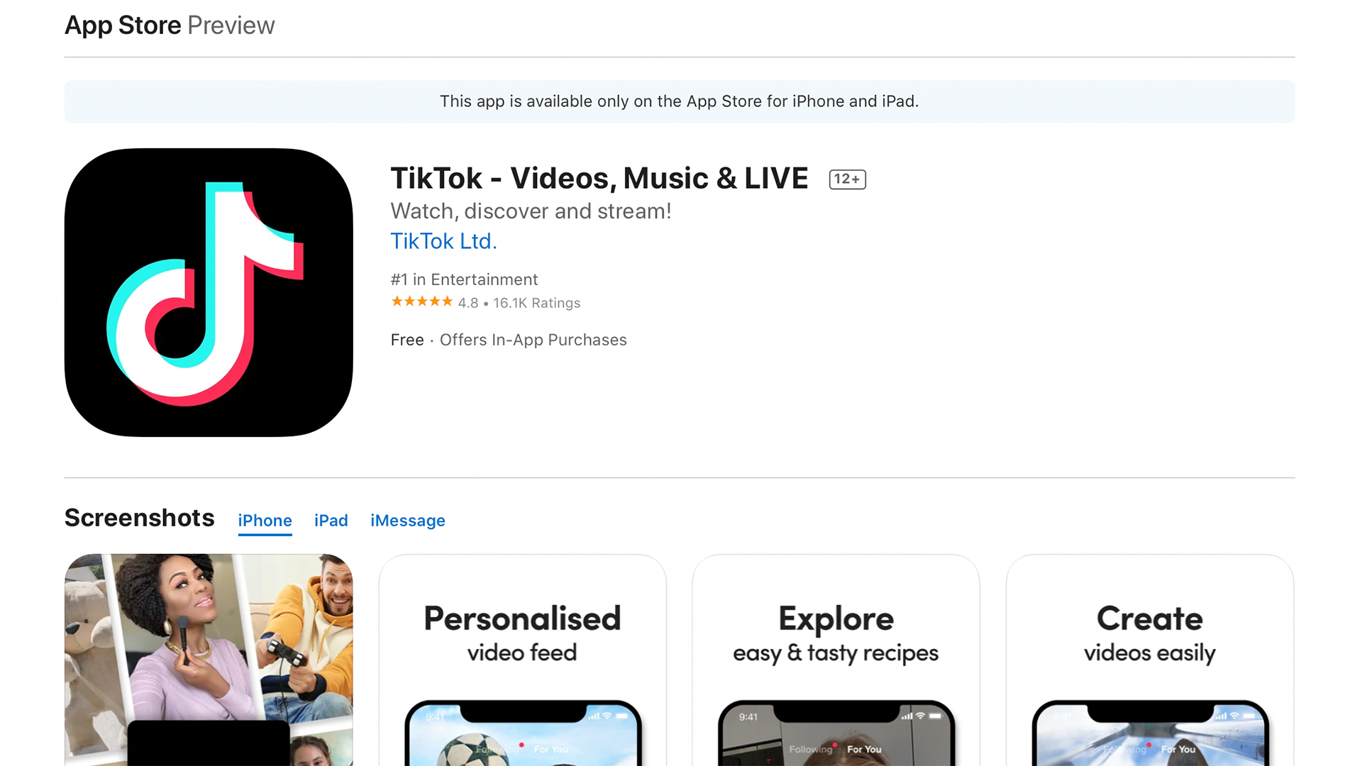 TikTok page on Apple's App Store in a web browser