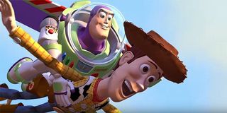 Buzz and Woody falling with style in Toy Story