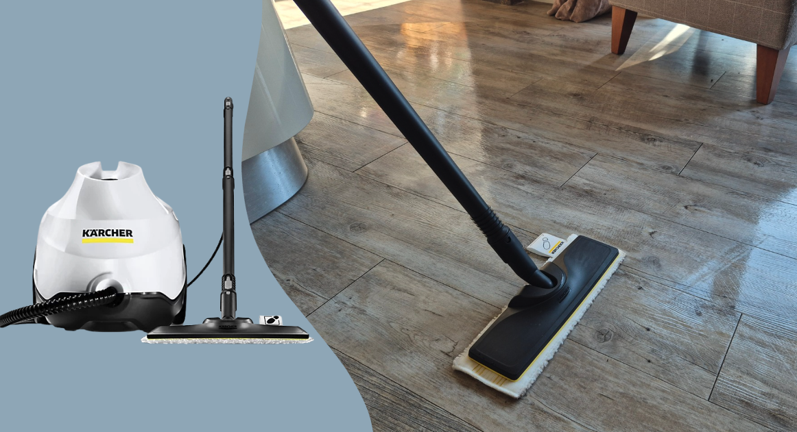 Karcher SC3 Steam Cleaner being tested on wooden floors next to a cutout of the Karcher SC3 Steam Cleaner on a beige background
