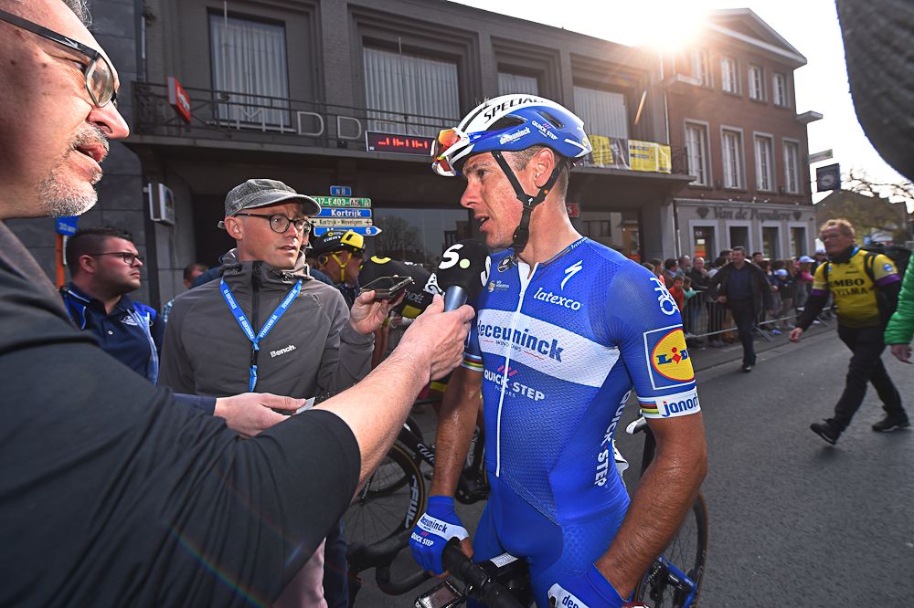 Philippe Gilbert talks with reporters after Gent-Wevelgem
