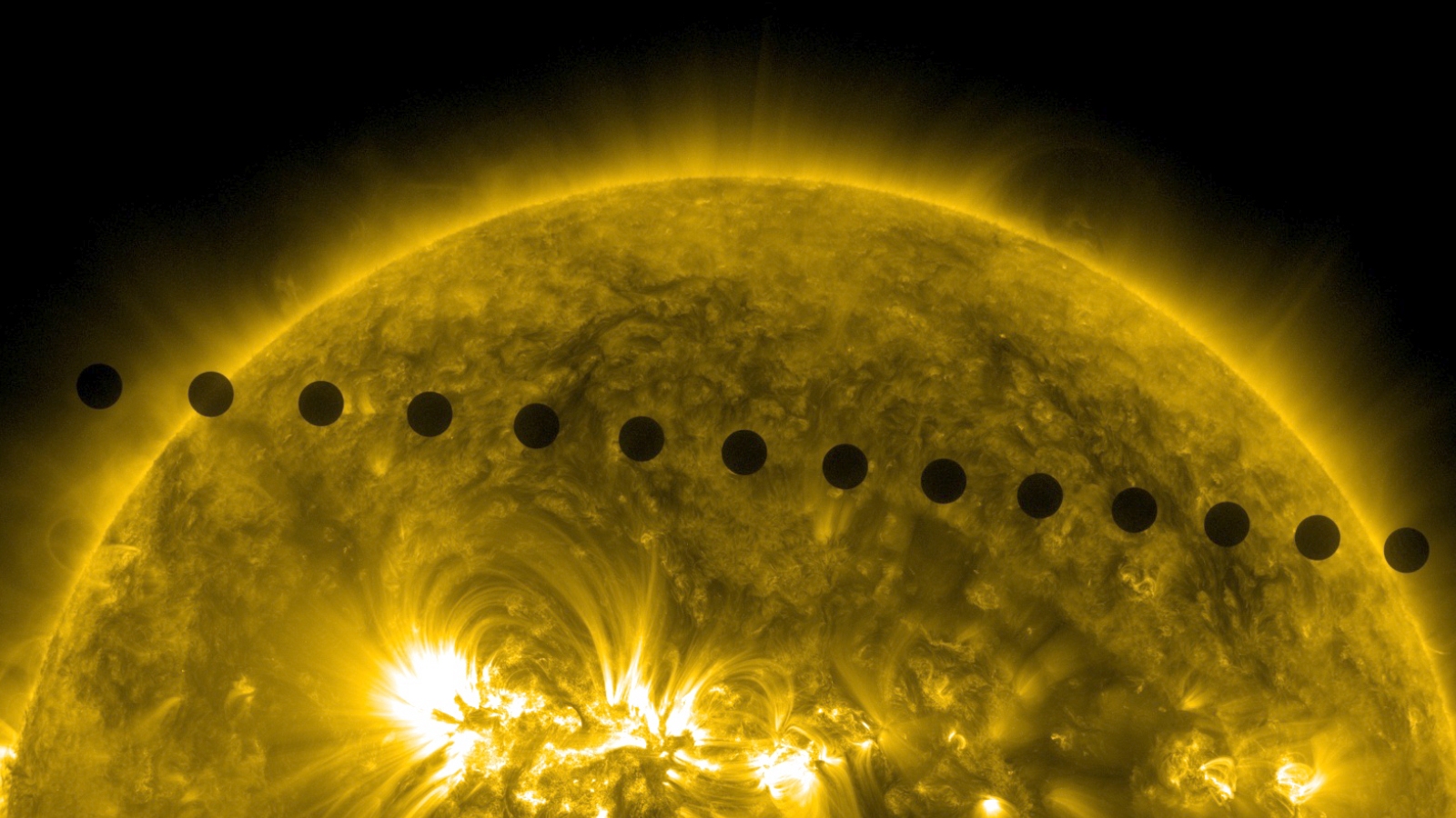 A timelapse photo of Venus transiting the sun