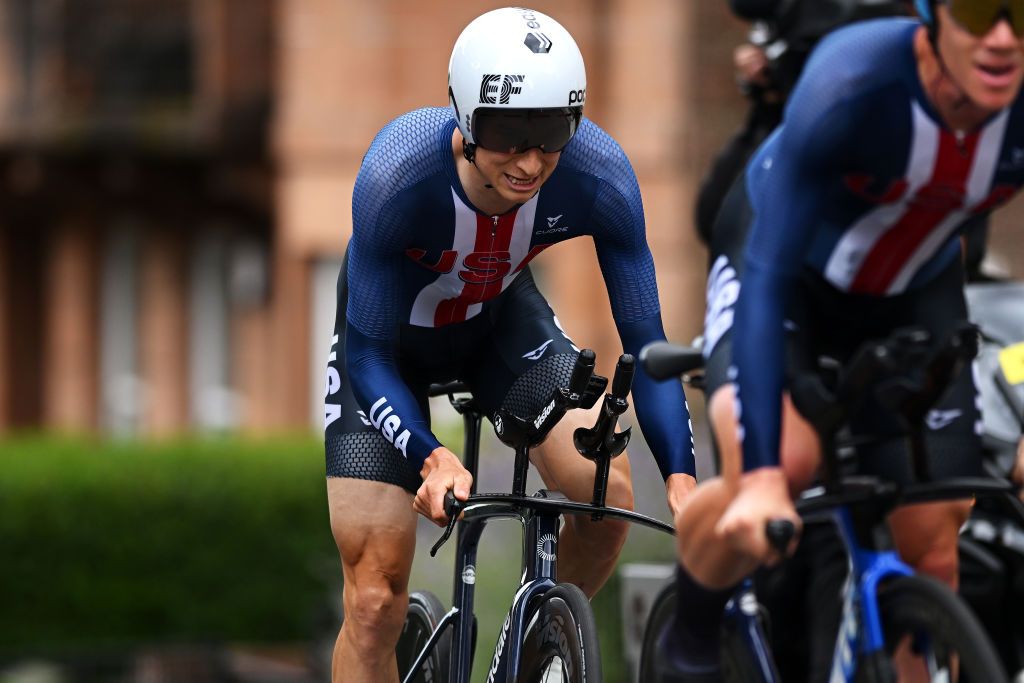 GLASGOW SCOTLAND AUGUST 08 Neilson Powless of United States sprints during the Team Time Trial Mixed Relay a 403km race from Glasgow to Glasgow at the 96th UCI Cycling World Championships Glasgow 2023 Day 6 UCIWT on August 08 2023 in Glasgow Scotland Photo by Dario BelingheriGetty Images