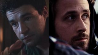 Christopher Abbott leaning forward with concern in Wolf Man, pictured next to Ryan Gosling looking away with sadness in Blue Valentine.