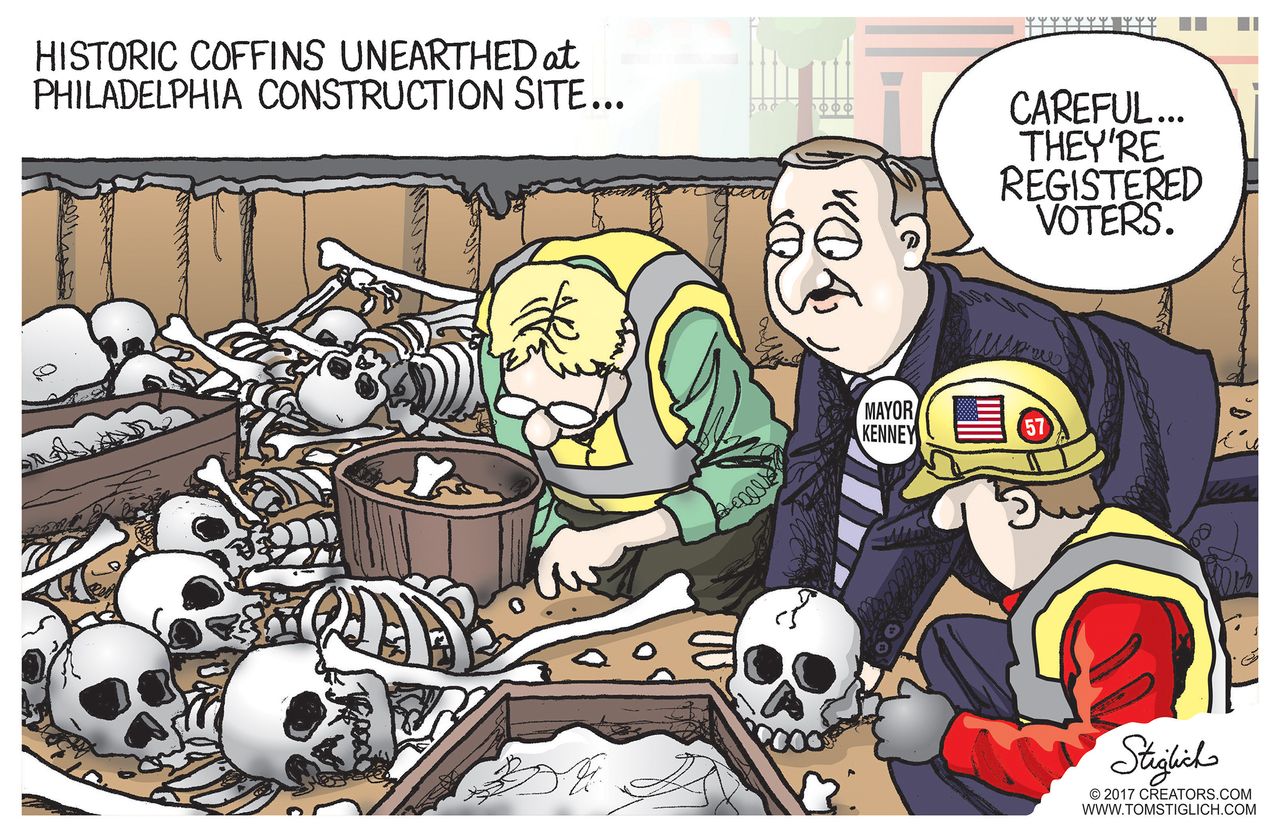 Political Cartoon U.S. Philadelphia skeletons dead voters