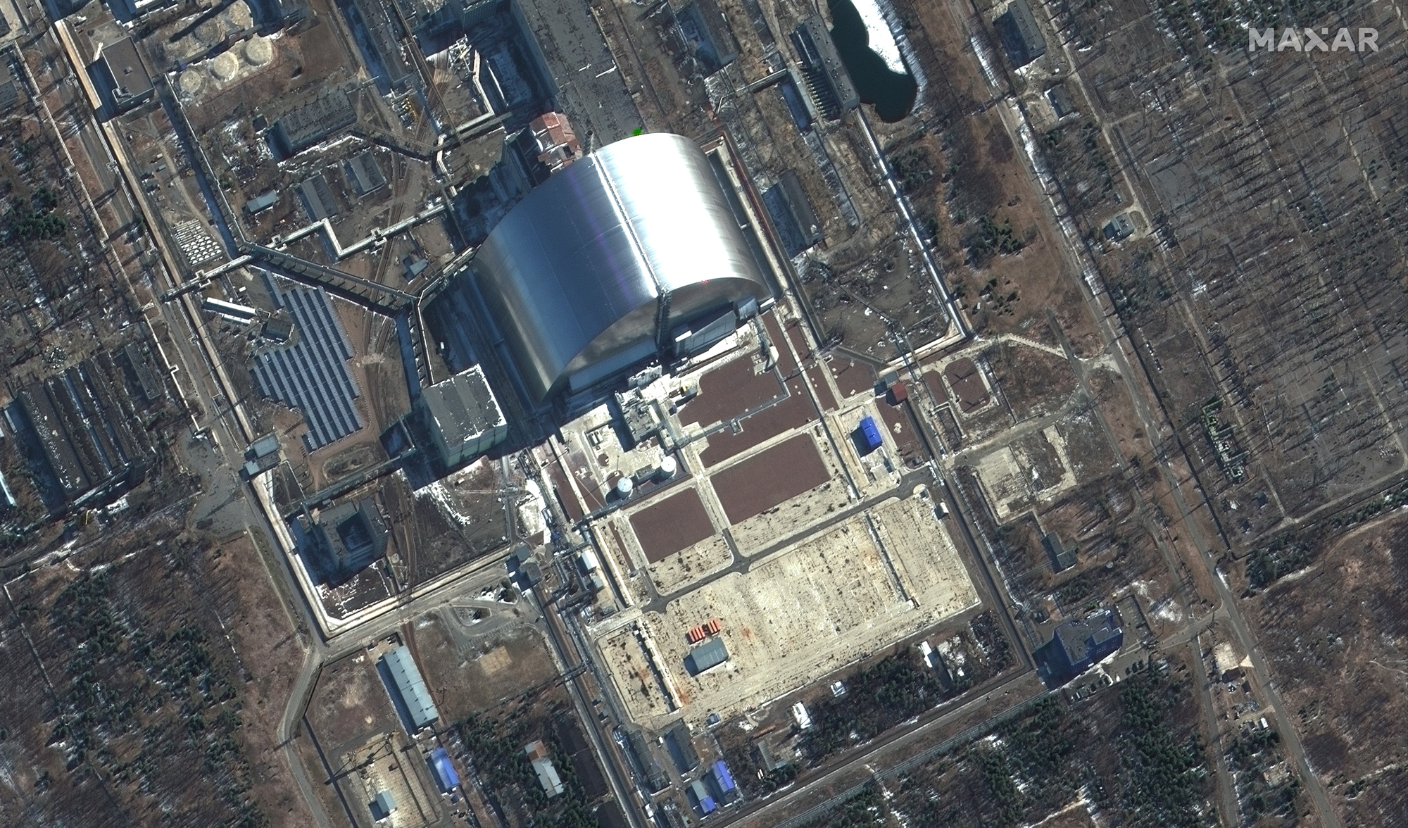 A close-up of the sarcophagus covering the Chernobyl nuclear power plant as seen by Maxar satellites on March 10, 2022.
