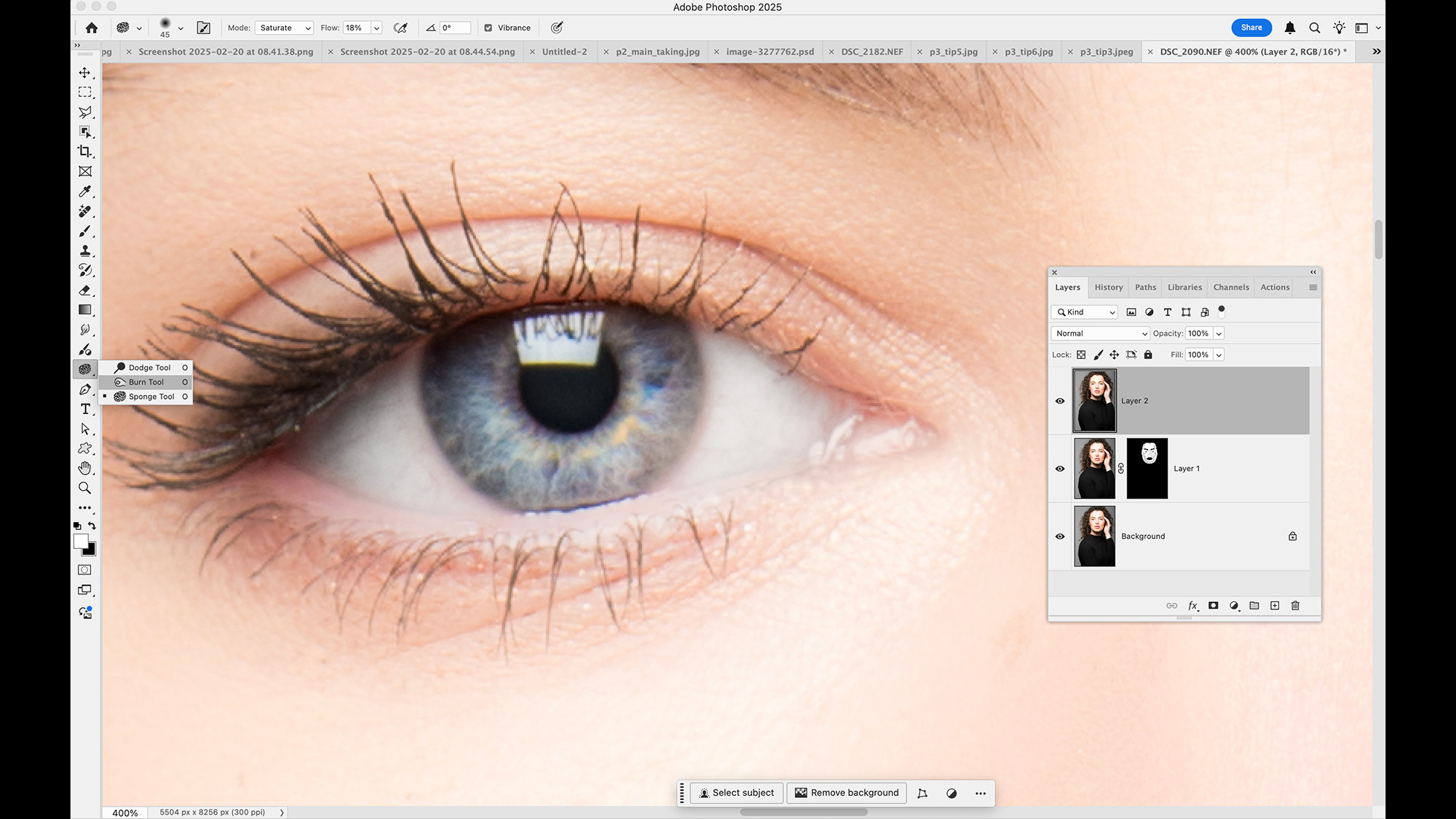 Photoshop screenshot of close-up portrait of model’s eye by James Paterson